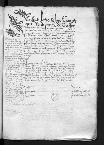 Comptes de la Ville de Besançon, recettes et dépenses, Compte de Pierre de Chaffoy (1er janvier - 31 décembre 1492) à noter : dans cette liasse figure le dessin sur parchemin d'une caborde (hutte de vigneron) ayant servi comme reliure d'un des cahiers (au dos de ce dessin la page est écrite)