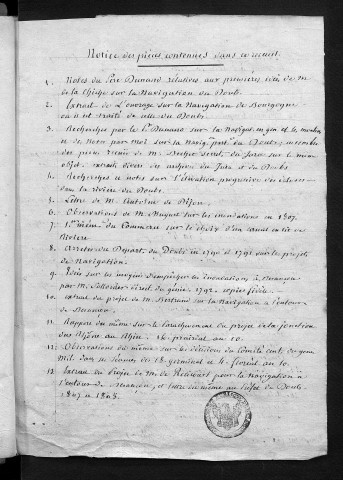 Ms 1293 - Recueil de notes et de mémoires concernant la navigation du Doubs