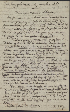 Ms Z 633 - Pierre-Joseph Proudhon. Lettre à l'éditeur belge Alphonse Lebègue. Paris, 19 novembre 1862.
