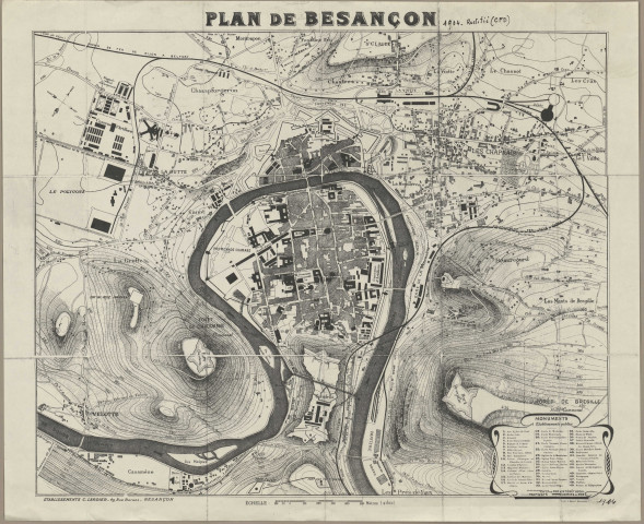 Plan de Besançon et de son territoire au 1/8000e, dressé par les établissements C. Lardier (49 rue Bersot, Besançon). Les principaux établissements publics sont mentionnés, ainsi que les lignes de tramway et de chemins de fer. Les cotes topographiques sont indiquées.