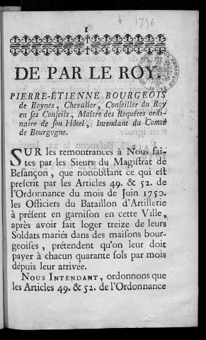 De par le Roy : Pierre-Etienne Bourgeois de Boynes,...