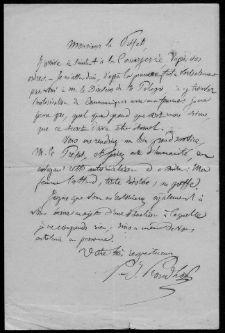 Ms Z 818 - Pierre-Joseph Proudhon. Lettre au Préfet de police. Paris, Conciergerie, 1849.