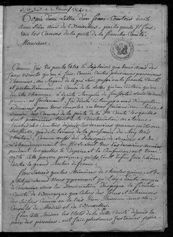 Ms 930 - « Copie d'une lettre d'un Franc-Comtois écrite à un sien ami de Bruxelles, par laquelle il fait voir les causes de la perte de la Franche-Comté » (par l'Espagne, en 1688)