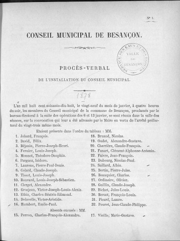 Registre des délibérations du Conseil municipal pour l'année 1878 (imprimé)