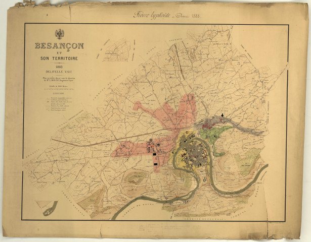 Plan de Besançon et son territoire au 1/10000e, dit "plan Delavelle", sous la direction de l'ingénieur voyer L.Rouzet.
Sur ce plan est représenté en couleur la vague de la fièvre typhoïde de 1888.