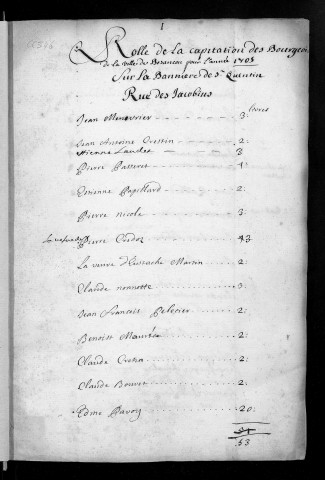 Registre de Capitation pour l'année 1705