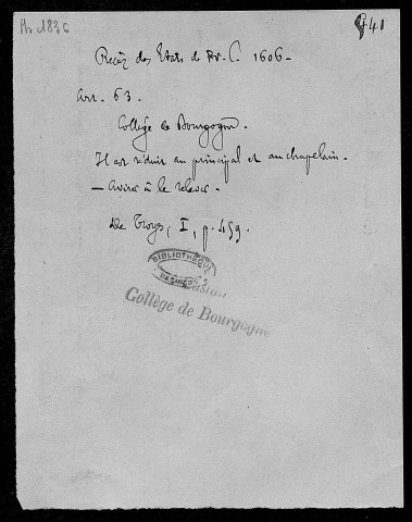 Ms 1836-2 - Notes et documents relatifs à l'ancien Collège de Bourgogne à Paris (1331-1804) (tome III). Notes d'Auguste Castan (1833-1892)