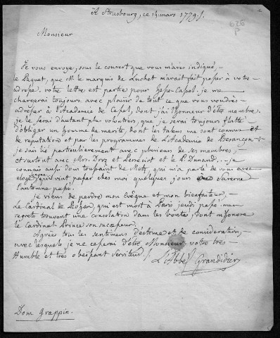 Ms 626 - Lettres de l'abbé Grandidier à D. Grappin