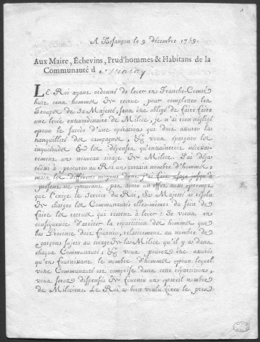 Ms Z 735 - Documents divers concernant l'armée en Franche-Comté. 1759- 1922