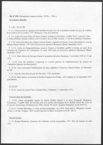 Ms Z 338 - Documents comtois divers. XVIIe - XXe s.