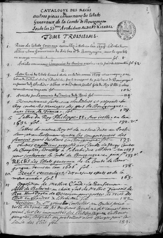 Ms Chiflet 34 - Troisième tome des « Recès et papiers concernant les Estats généraux du comté de Bourgongne... » (1598-1621), recueillis par Jules Chiflet