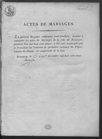 Registre des mariages, 1812