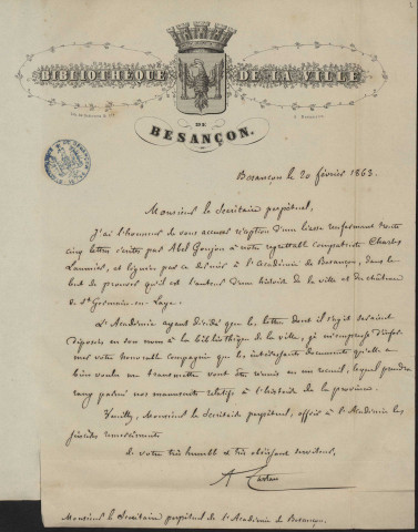 Ms 638 - Lettres du libraire Abel Goujon à Charles Laumier (1828-1830)