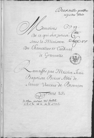 Ms Granvelle 23 - « Mémoires de ce qui s'est passé sous le ministère du chancelier et du cardinal de Granvelle... Tome XXIII »