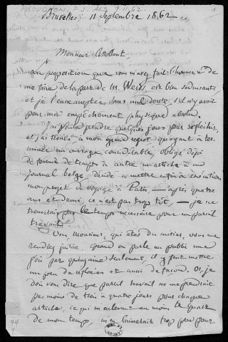 Ms Z 593 - Pierre-Joseph Proudhon. Lettre à Alfred Assolant. Bruxelles. 11 septembre 1862.