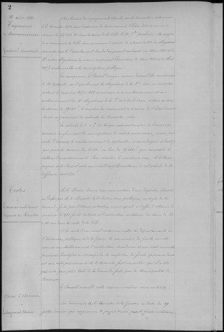 Registre des délibérations du Conseil municipal, avec table alphabétique, du 10 août 1881 au 22 mars 1883