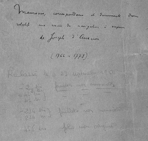 Ms 1786 - Mémoires, correspondances et documents divers, relatifs aux essais de navigation à vapeur de Cl.-Fr. Joseph d'Auxiron (1766-1778)