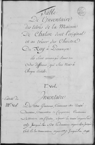 Ms Droz 13 - « Inventaire des titres de la maison de Chalon. Titres généraux. 1er volume. » Table