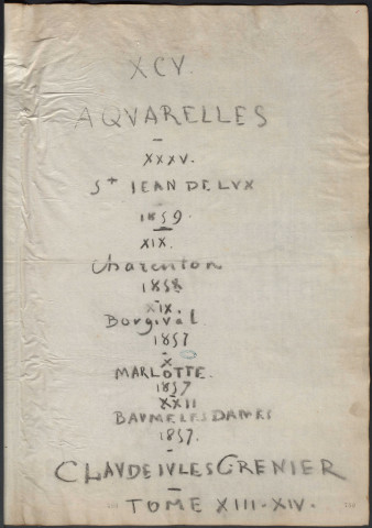 Aquarelles de Claude-Jules Grenier (tomes XIII-XIV : environs de Paris, Baume-Les-Dames, Saint-Jean-de-Luz, Charenton, Bougival, Marlotte, 1857-1859)