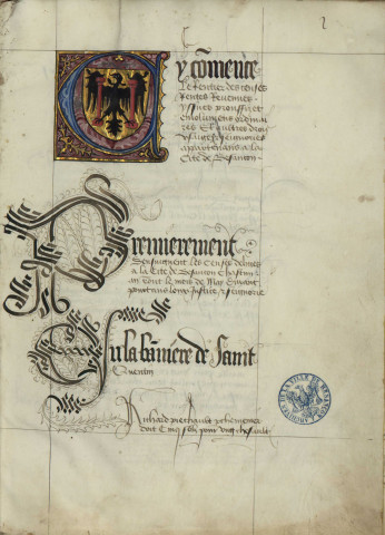 Manuel des cens, rentes, droits et revenus dont jouissait la ville de Besançon en 1460 A noter : Blason de la ville peint dans une lettrine au f° 1, lettres ornées. Numérisation partielle.