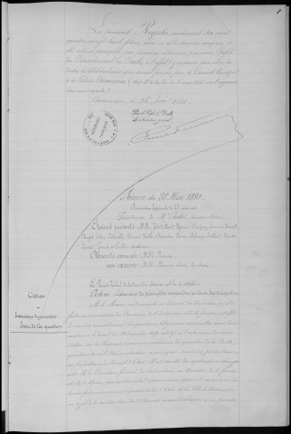 Registre des délibérations du Conseil municipal, avec table alphabétique, du 28 mai 1880 au 13 juillet 1881