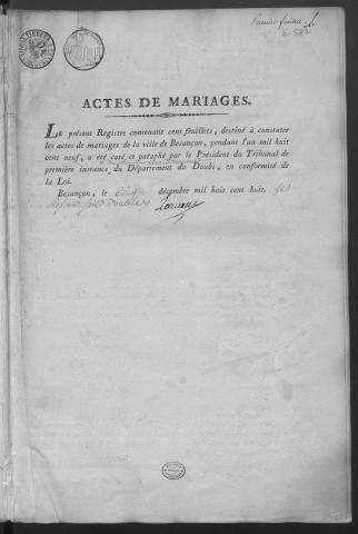 Registre des mariages, 1809