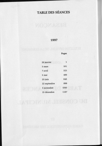 Registre des délibérations du conseil municipal. : Année 1997.