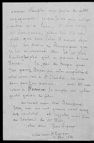 Ms Z 754 - Jean Gigoux. Lettre à Charles Beauquier, 17 octobre 1861