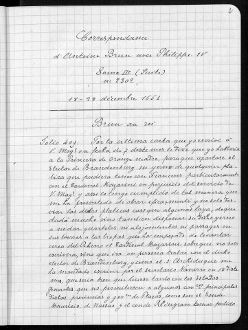 Ms 2105 - Tome XVI : correspondance de Philippe IV avec Antoine Brun (23 décembre 1651 - 25 octobre 1652)