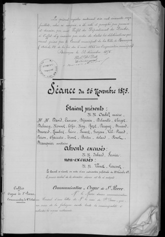 Registre des délibérations du Conseil municipal, avec table alphabétique, du 26 novembre 1875 au 29 janvier 1878