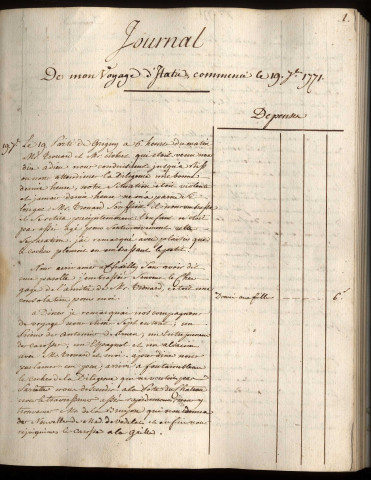 Ms Pâris 6 - « Journal de mon voyage d'Italie, commencé le 19 septembre 1771 », par P.-A. Paris