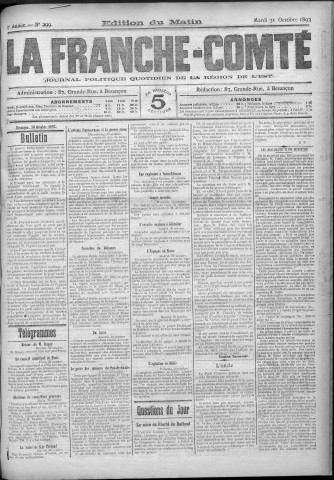 31/10/1893 - La Franche-Comté : journal politique de la région de l'Est