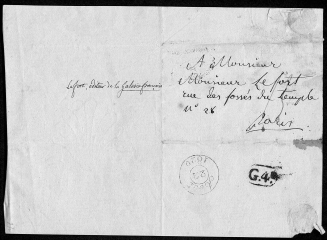 Ms Z 779 - Joseph Droz. Lettre à Lefort, éditeur de la Galerie française. 22 août 1820