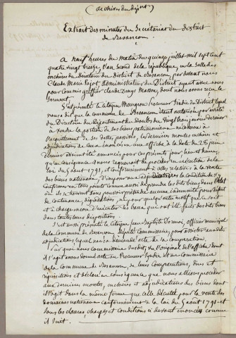Vente : copie de l'acte de vente (s.d.) ; acquisition par la Ville de Besançon ; affiche (1863) ; réalisation d'une statue en marbre du Cardinal de Granvelle : arrêté préfectoral, délibérations du conseil municipal, contrat, correspondance (1864-1902) ; projet de reconstruction : correspondance (1872-1873) ; projet d'aménagement d'une salle de concerts et banquets au sein du Palais Granvelle : plan (1882) ; absences injustifiées du concierge : correspondance (1890) ; déplacement de la statue du Cardinal de Granvelle : devis, correspondance (1947-1948).