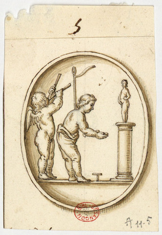 Camée antique, à sujet priapique : deux putti, l'un ailé, s'inclinent devant un Priape sur une colonne [Image fixe] , [S.l.] : [s.n.], [circa 1650]
