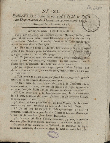 28/08/1808 - Feuille d'avis autorisée par arrêté de M. le Préfet du département du Doubs