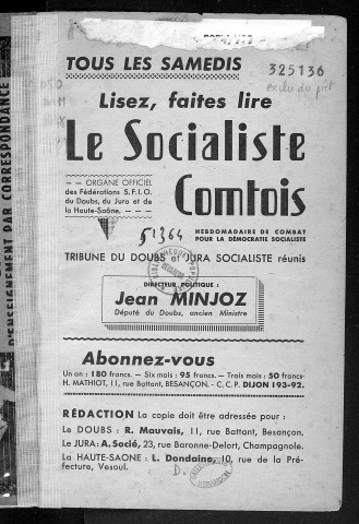 L'almanach populaire comtois / [préf. de Jean Minjoz]. [1], 1948 , [Besançon] : [Fédération socialiste du Doubs], [1947]