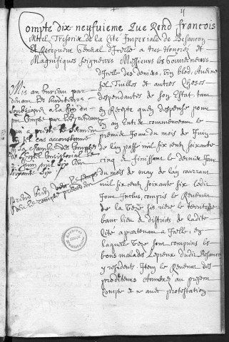 Comptes de la Ville de Besançon, recettes et dépenses, Compte de François Morel (1er juin 1665 - 31 mai 1666)