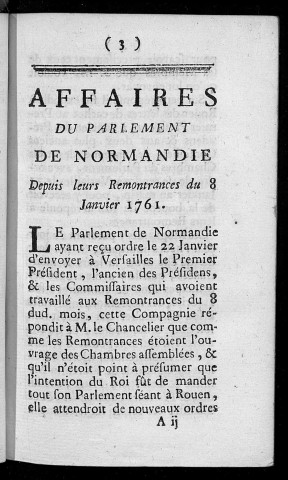 Affaires du Parlement de Normandie depuis leurs remontrances du 8 janvier 1761
