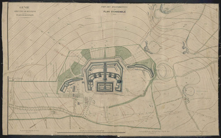 Fort des Montboucons, vue d'ensemble : plan en couleurs avec cotes topographiques (XIXe siècle).