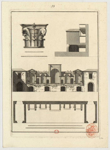 Veletri, théâtre sur lequel on jouait les mystères au XVe s. [Image fixe] : plan, coupes, chapiteau composite , 1750/1799
