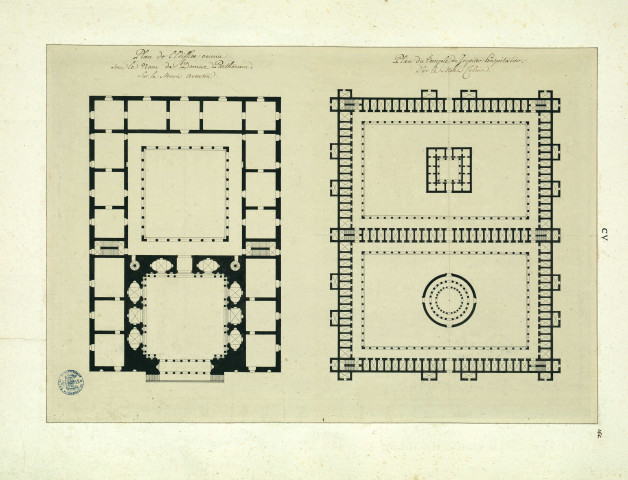 Plan de l'édifice connu sous le nom de Domus Parthorum sur le Mont Aventin. Plan du temple de Jupiter Hospitalier sur le Mont Celius / Pierre-Adrien Pâris , [S.l.] : [P.-A. Pâris], [1700-1800]