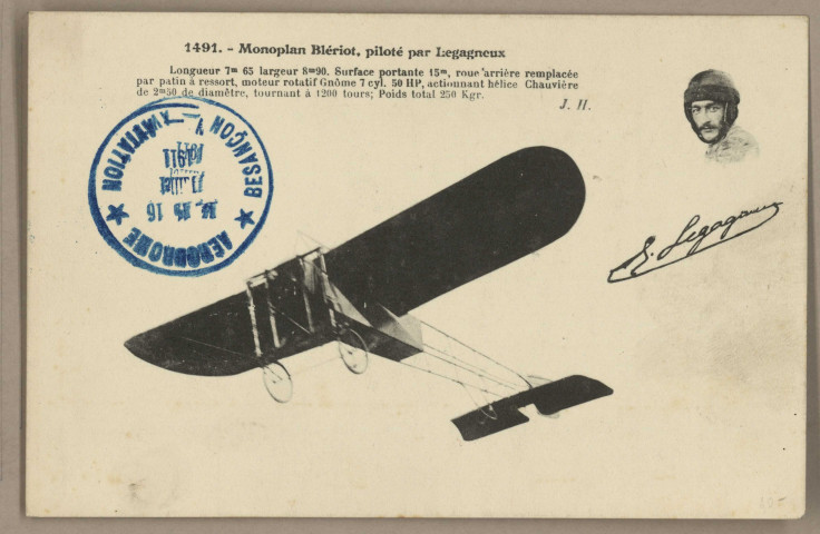 Monoplan Blériot, piloté par Legagneux. [image fixe] , Paris : J. Hauser, phot-édit., 1904/1911