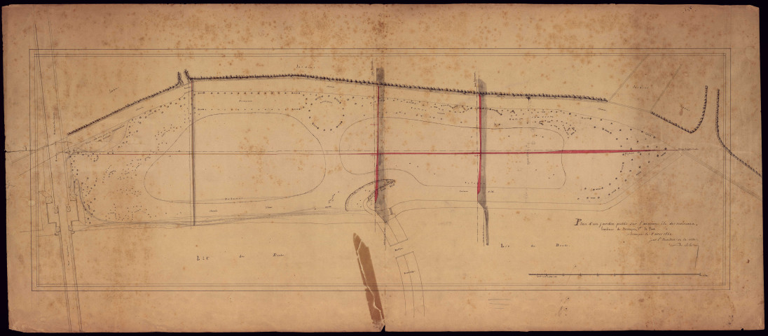"Plan d'un jardin public sur l'ancienne île des Moineaux, banlieue de Besançon" dressé le 8 avril 1840 par Alphonse Delacroix.