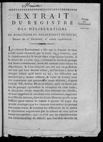 Extrait du registre des délibérations du Directoire du département du Doubs. Séance du 2 Germinal, 2e année républicaine