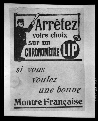 39MDT519 - Reproduction de la publicité "Arrêtez votre choix sur un chronomètre Lip": négatif (noir et blanc).