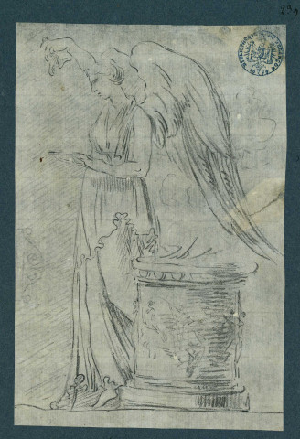 Personnage mythologique ailé tenant une aiguière et un plat, à côté d'un autel , [S.l.] : [s.n.], [1700-1800]