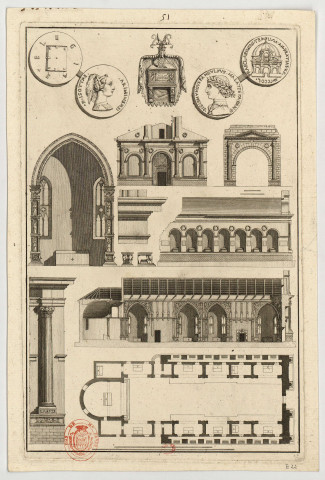 Rimini, Tempio Malatestiano [Image fixe] : plans, élévations, coupes, médailles ( Sigismondus Malatesta) , 1750/1799