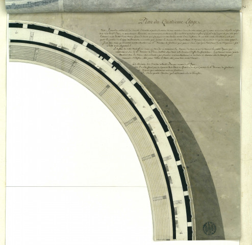 Plans de l'amphithéâtre Flavien nommé vulgairement le Colisée à Rome réunis les uns sur les autres dans leur ordre naturel : plan de la galerie qui couronnait l'amphithéâtre et qui renfermait la dernière division de gradins ; plan du quatrième étage ; plan du troisième étage ; plan du second étage ; plan du premier étage ; plan du rez-de-chaussée / Pierre-Adrien Pâris , [S.l.] : [P.-A. Pâris], [1700-1800]