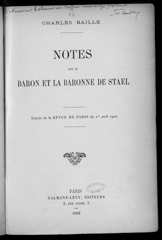 Notes sur le Baron et la Baronne de Staël